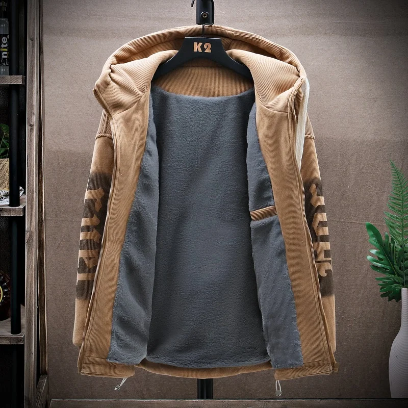 

Fashion Men's Hooded Warm Plush Liner Jackets 2025 Winter Youth High Street Wear Windproof Fleece Coat Outdoor Thicken Top Parka