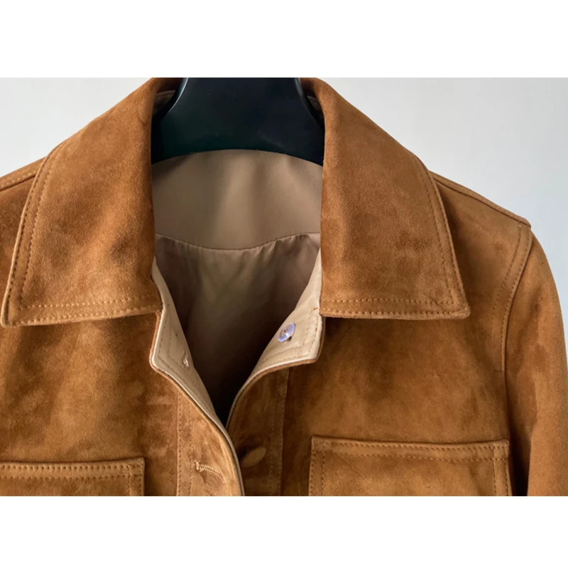 Giacca da donna in vera pelle di capra importata Giacca casual corta in pelle scamosciata monopetto femminile retrò marrone/caffè Cappotti di pelle di pecora Top