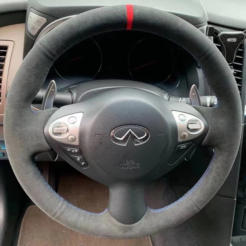 

For Infiniti FX FX35 FX37 FX50 Nissan Juke 2009-2014 Hand Stitched black Genuine Leather carbon fiber Car Steering Wheel Cover