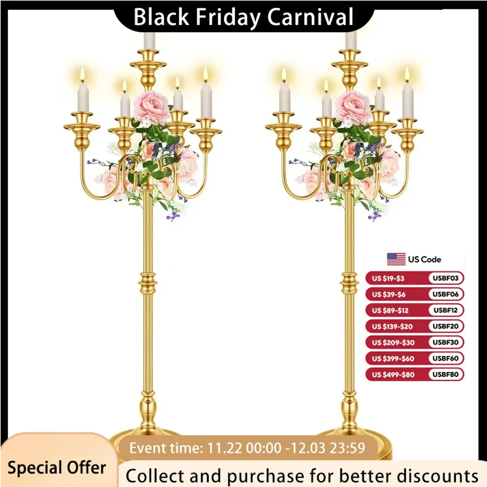 2 Gold Wedding Floor Candle Holders, 50 Inch Halloween Antique Candle Holder Metal 5-arm Candle Holder Center Decoration