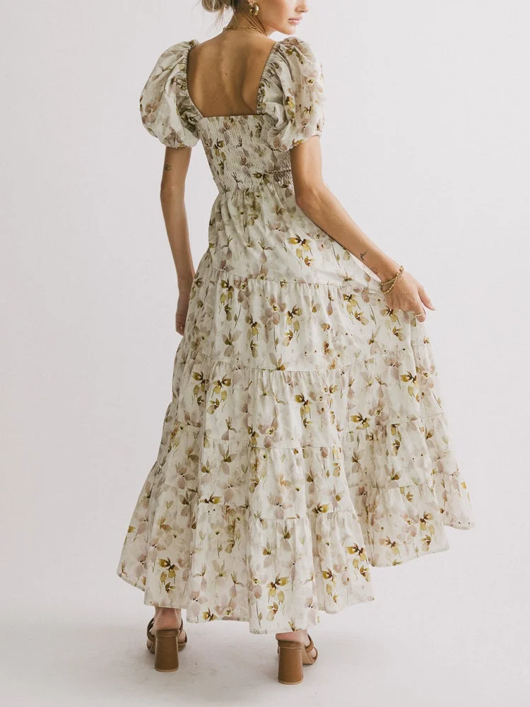 Mulher floral puff manga maxi vestido quadrado pescoço plissado vestidos longos fluidos boho em camadas uma linha vestido de verão