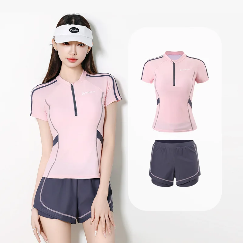 

Women's 2 Piece Rash Guard Short Sleeve Sun UV Protective Swim Shirt Built in Bra Bathing Suit with Boyshorts Bottoms Beachwear