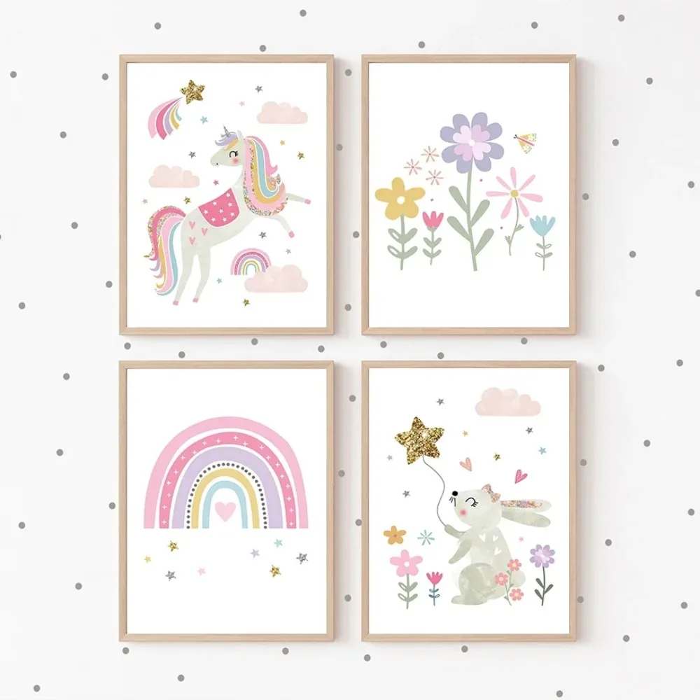Pink Unicorn Rabbit Rainbow Cloud Flower Nursery Wall Art Canvas Painting Posters and Prints Wall Pictures Baby Kids Room Decor