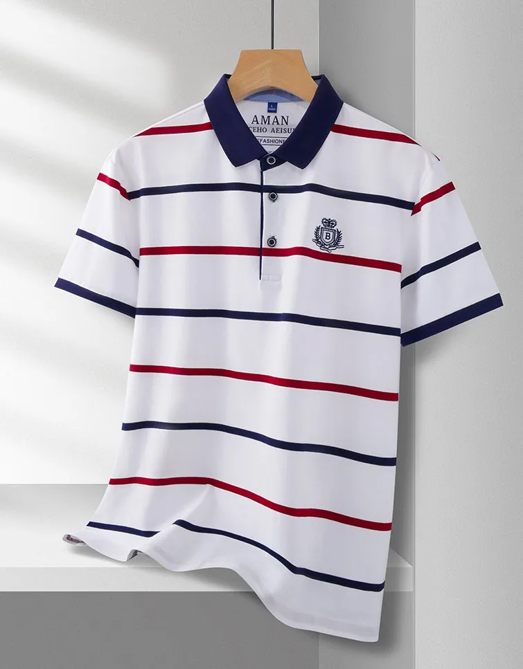 أزياء مخططة الرجال قصيرة الأكمام قميص بولو الصيف جديد فاخر العلامة التجارية إلكتروني التطريز حريري تنفس عالية الجودة تي شيرت