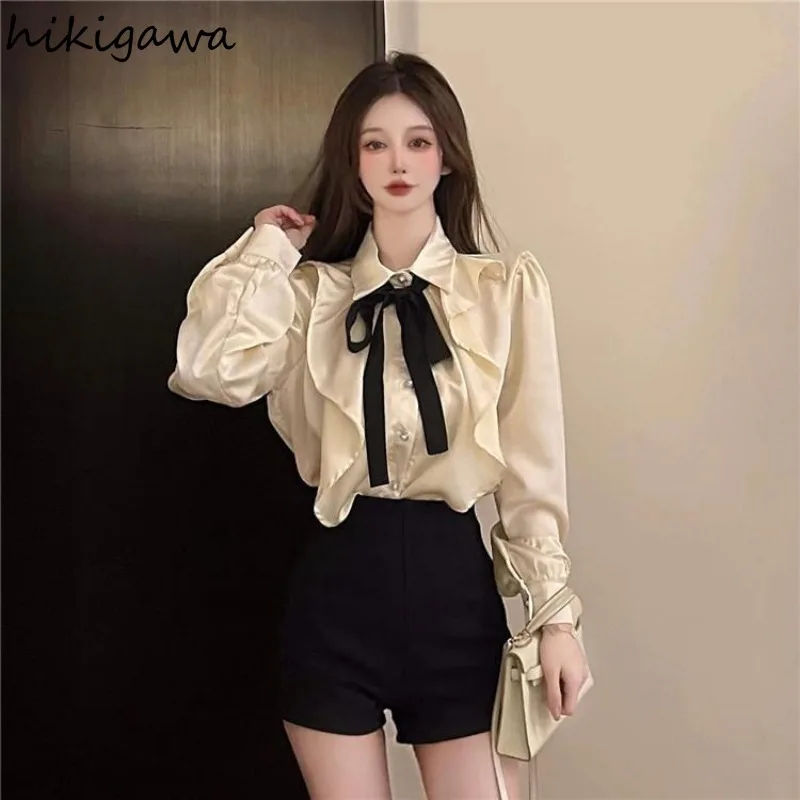 White Blouse Women Clothing Long Sleeve Bow Loose Shirts 2024 Blusas Mujer De Moda Turndown Collar Vintage Fashion Blouses Tops