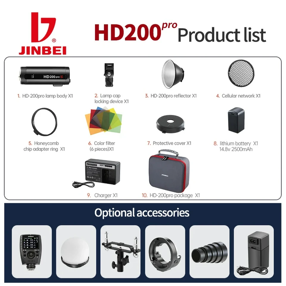 JINBEI HD200pro 200Ws High Power Camara Flash1.3S Recyling 1/8000s HSS/TTL 2.4G Pocket Speedlite Strobe for Canon Nikon Sony