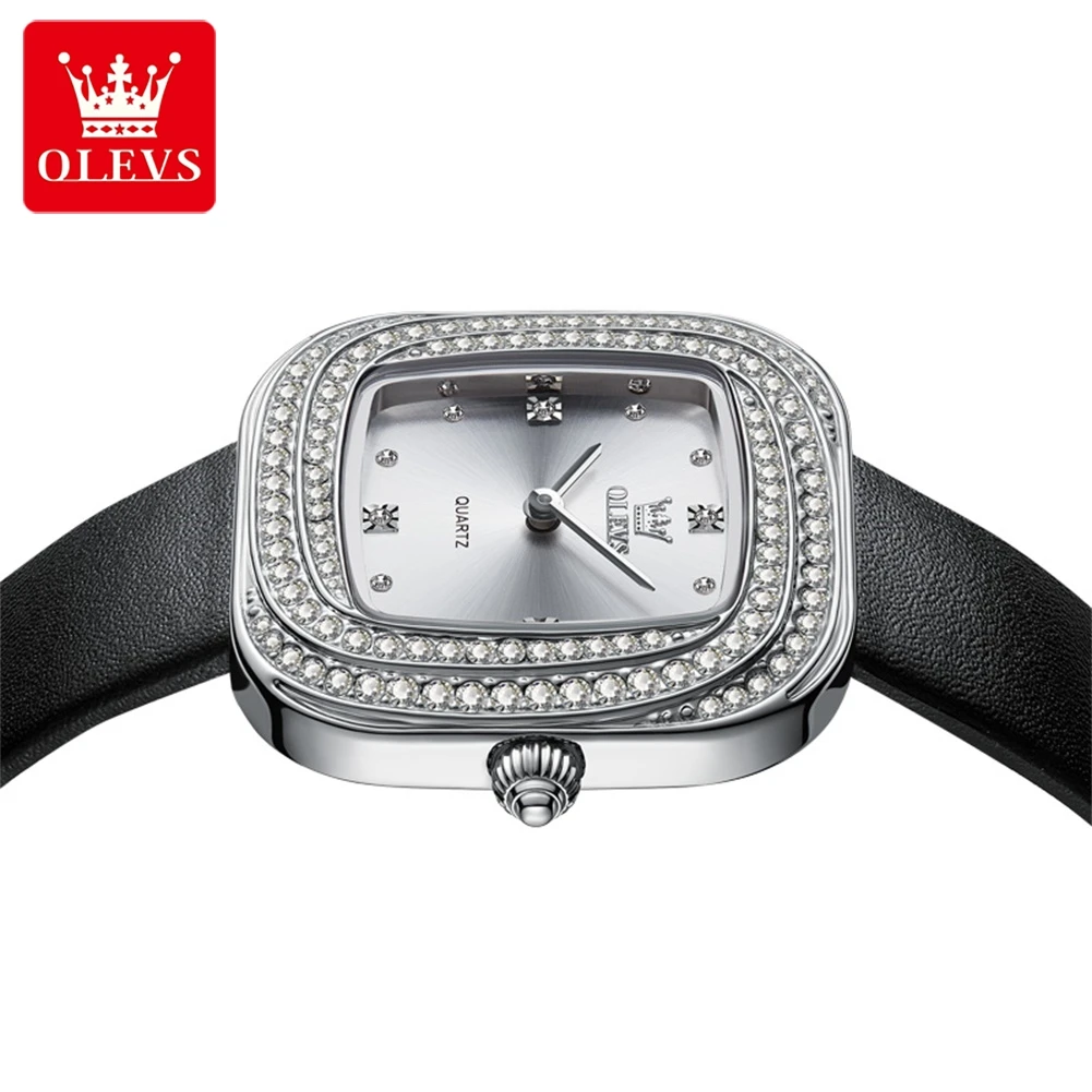 OLEVS Rhinestone Bezel Luxury Woman Wristwatch Waterproof Leather Watch For Ladies High Quality Quartz Women Watches 2025 New