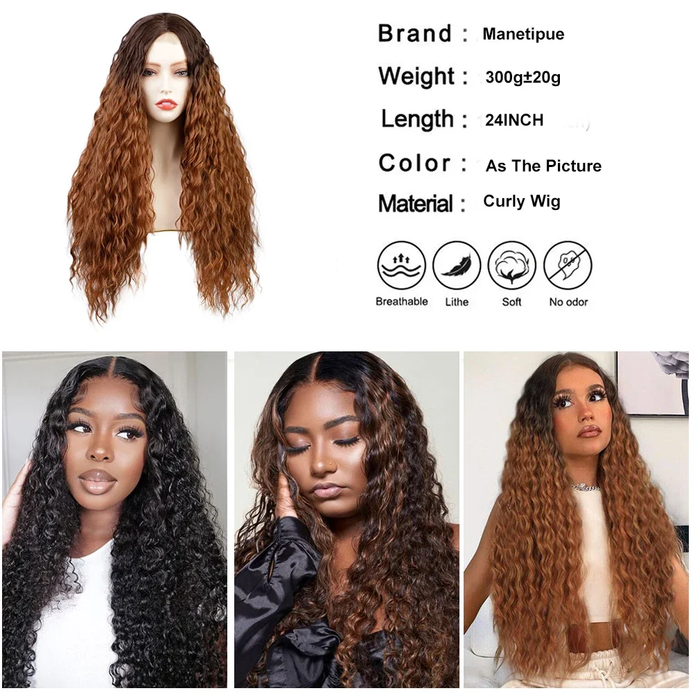 Long Deep Wave Wigs for Women 24 Inch Ombre Ginger Water Wave Middle Part Wig Natural Synthetic Curly Cosplay Wig Heat Resistant