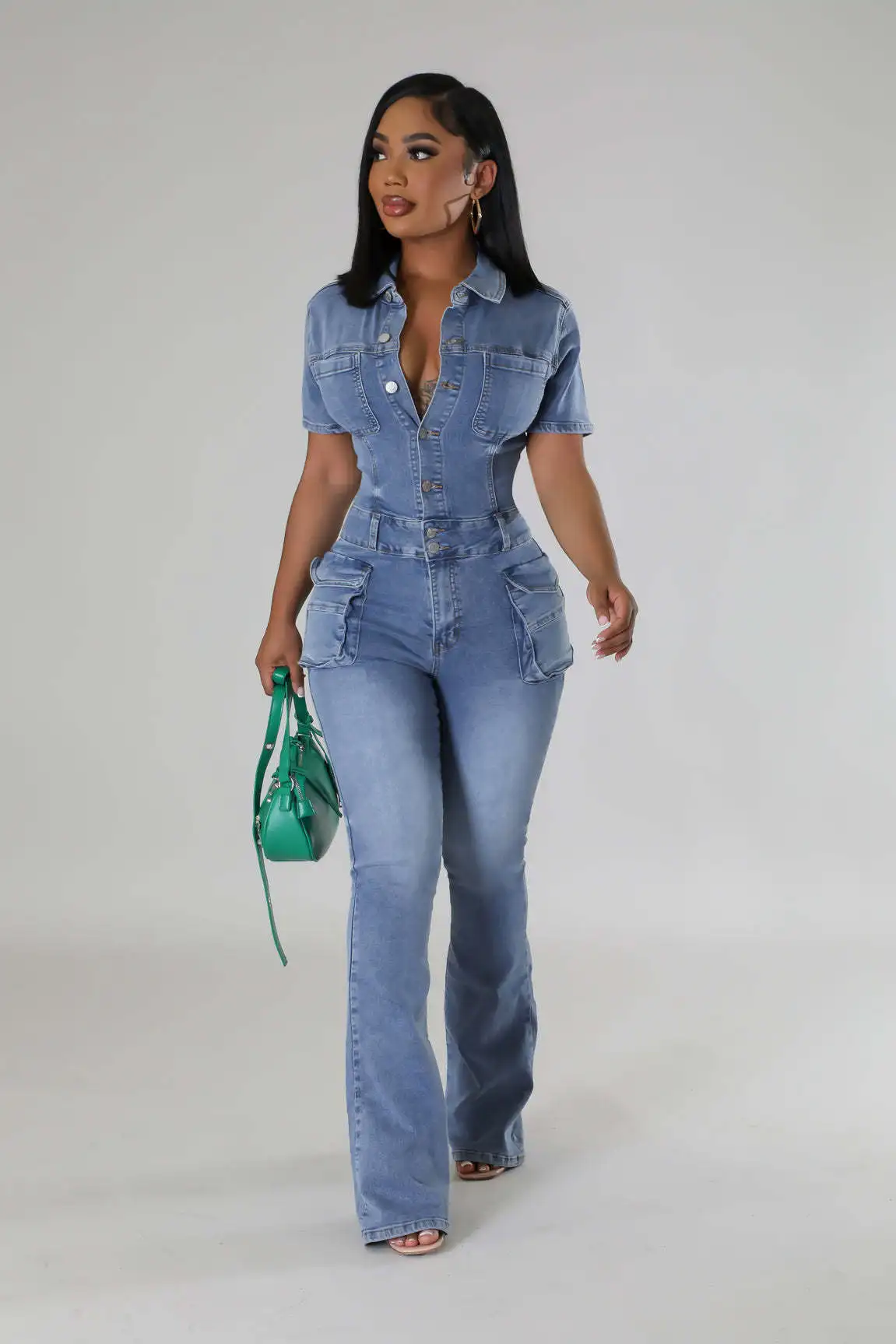 Women Jumpsuit Fashion Pocket Short Sleeve Tight Waist Denim Jumpsuits Lady Slim Fit Stretch Washed Flare Leg Jeans Jumpsuits