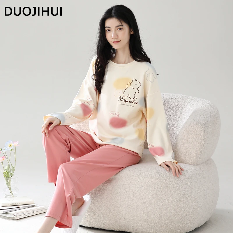 DUOJIHUI-Ensemble de Pyjama Imprimé Simple pour Femme, Chic, Poche, Basique, Mode, Doux, Classique, Décontracté, Maison, Automne, Nouveau