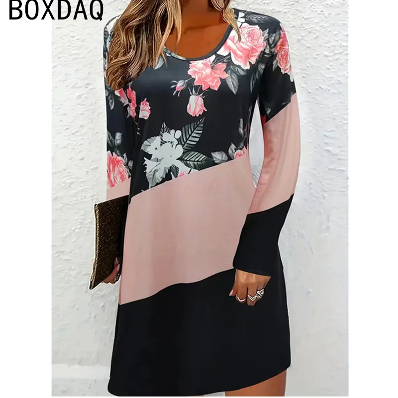 Vintage Flower Printed Dress Women Long Sleeve O-Neck Casual Loose A-Line Dress 2024 New Autumn Winter Dresses Vestidos