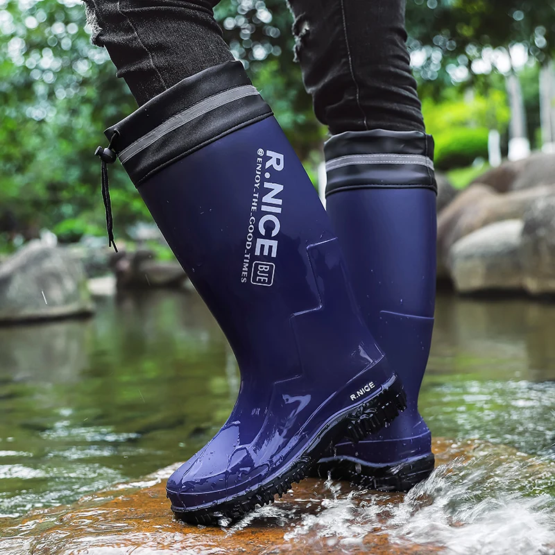 Men's Fashionable Outdoor Rain Shoes High‑cut Plain‑top Rain Boots Non-slip Wear-resistant Sole Portable Fishing Kitchen Boots view 4