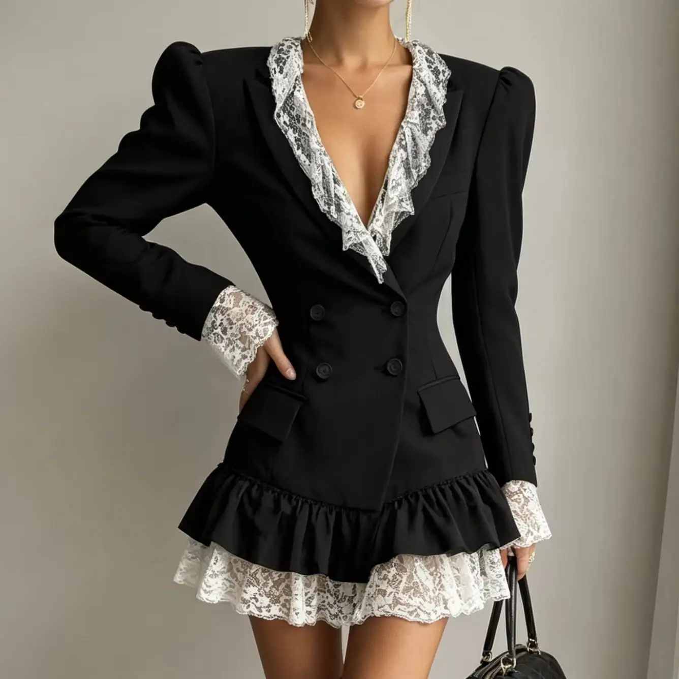 Frühling Herbst Spitzenbesatz Doppelreihiger Blazer Minikleid, Schulterpolsterung Rüschensaum Schlankes Bodycon-Kleid für Damen Date Club Party – Detail 1