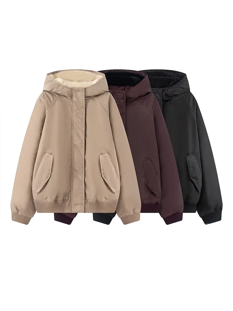 

HH 2026 Women Long Sleeves Hooded Zipper Pockets Decoration Street Style Jacket Women Winter Casual Loose 3-Color Pilot Coat