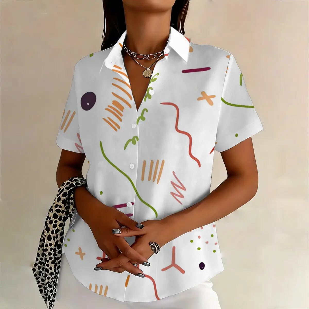 Artistic sense, fun line pattern, plus size shirt for women, summer fashion, daily niche design, short sleeved top - Detail 1