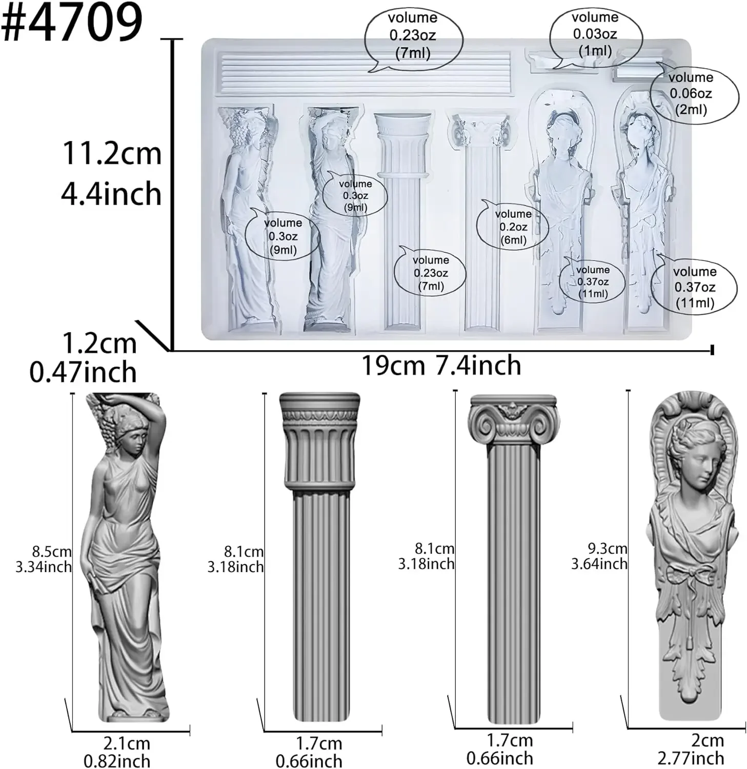 VERIDIAN Baroque Relief Embossed Art Silicone Mold for Polyclay Air Dry Clay Plaster, Decorative Column and Sculpture Statue