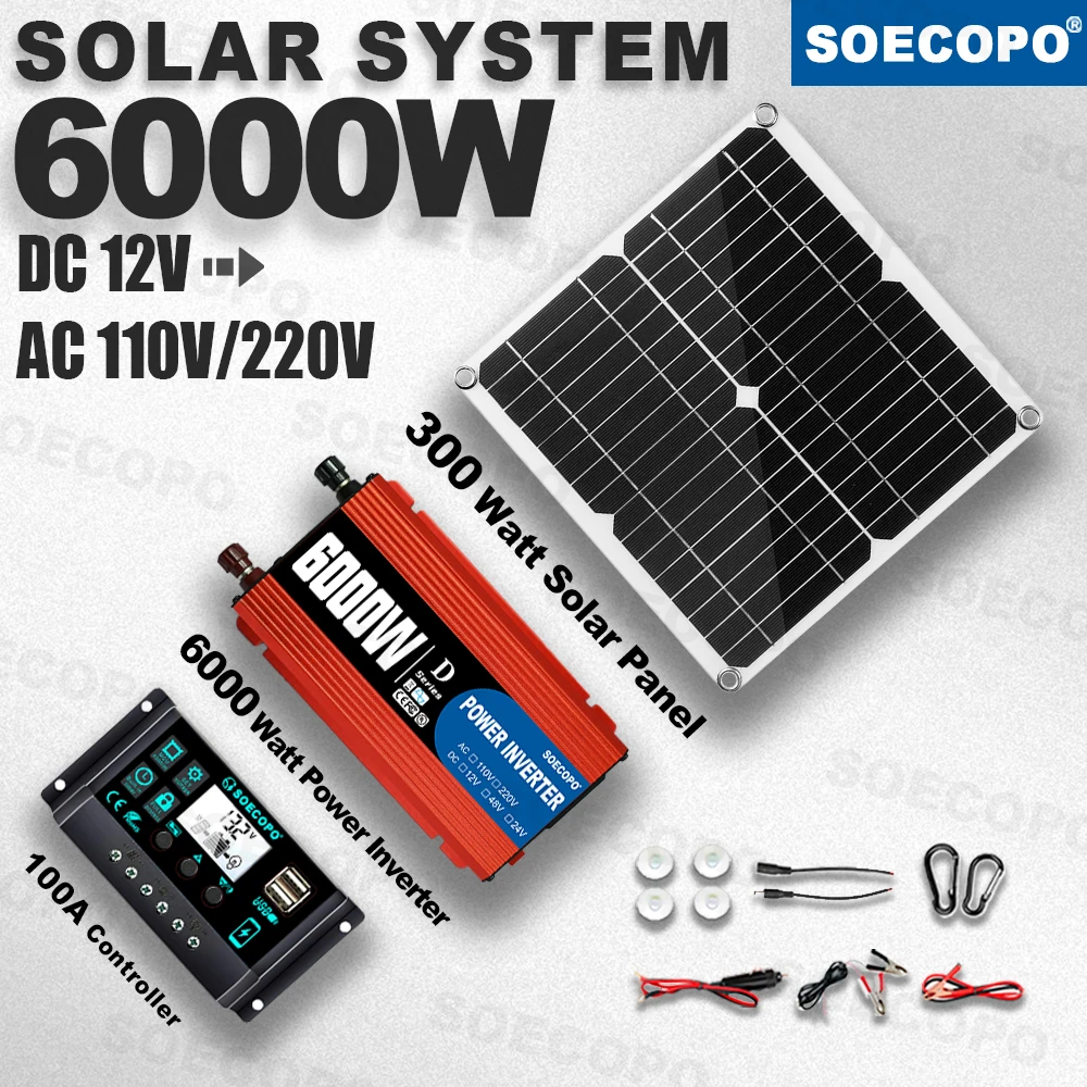 

SOECOPO 6000W Full Solar Kit Solar Panels+ DC12V To AC110V/220V Inverter+ 100A Controller – Portable Home, Camping, Car