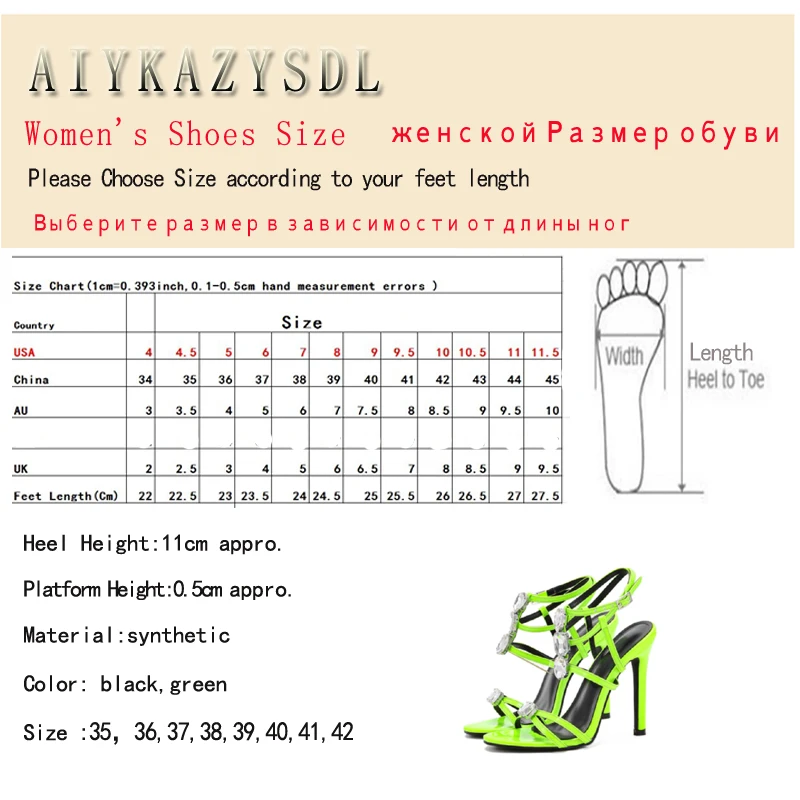 AIYKAZYSDL 2023 Crystal Rhinestone Strappy Neon Green Sandals Gladiator Women Cut Out Narrow Band Stripper Shoes High Heels