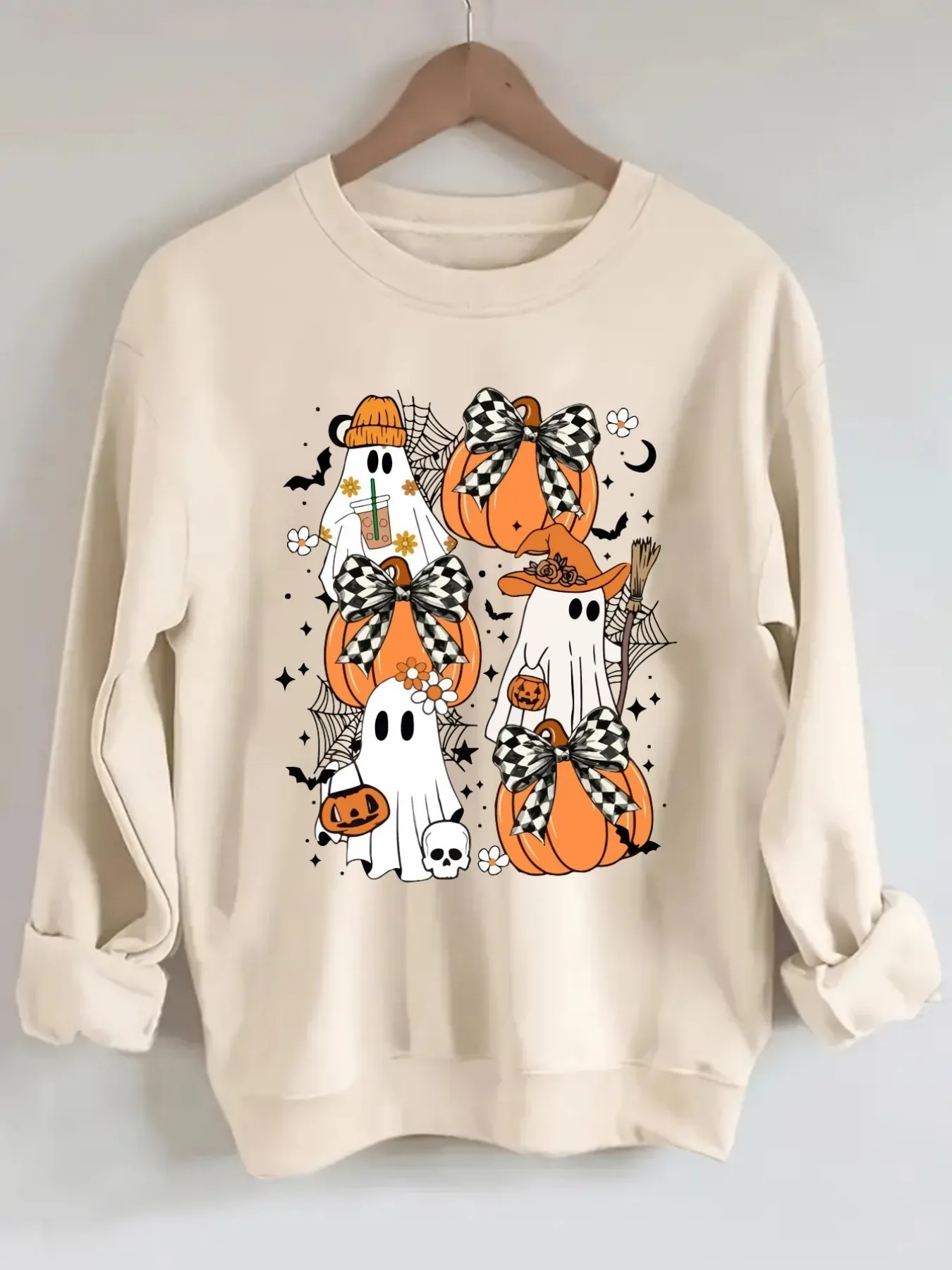 Women's Crew Neck Pullover Sweatshirt Halloween Pumpkin Ghost Design, Soft Casual Long Sleeve, Daily Casual Top Outfit, Winter Women's Clothing, Halloween Costume Outfit