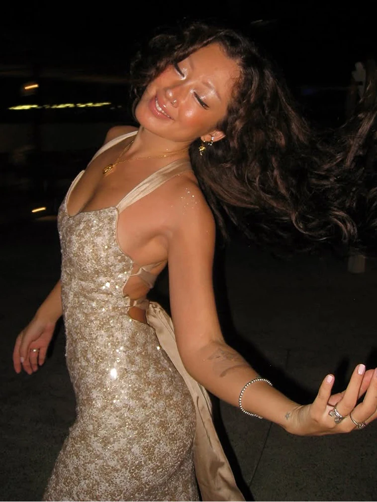 Vestido de lentejuelas con espalda descubierta y Cruz de gato extraño para mujer, vestido elegante de Año Nuevo con vendas de cuello bajo, sin mangas, Sexy, elegante, para fiesta de cumpleaños y Club