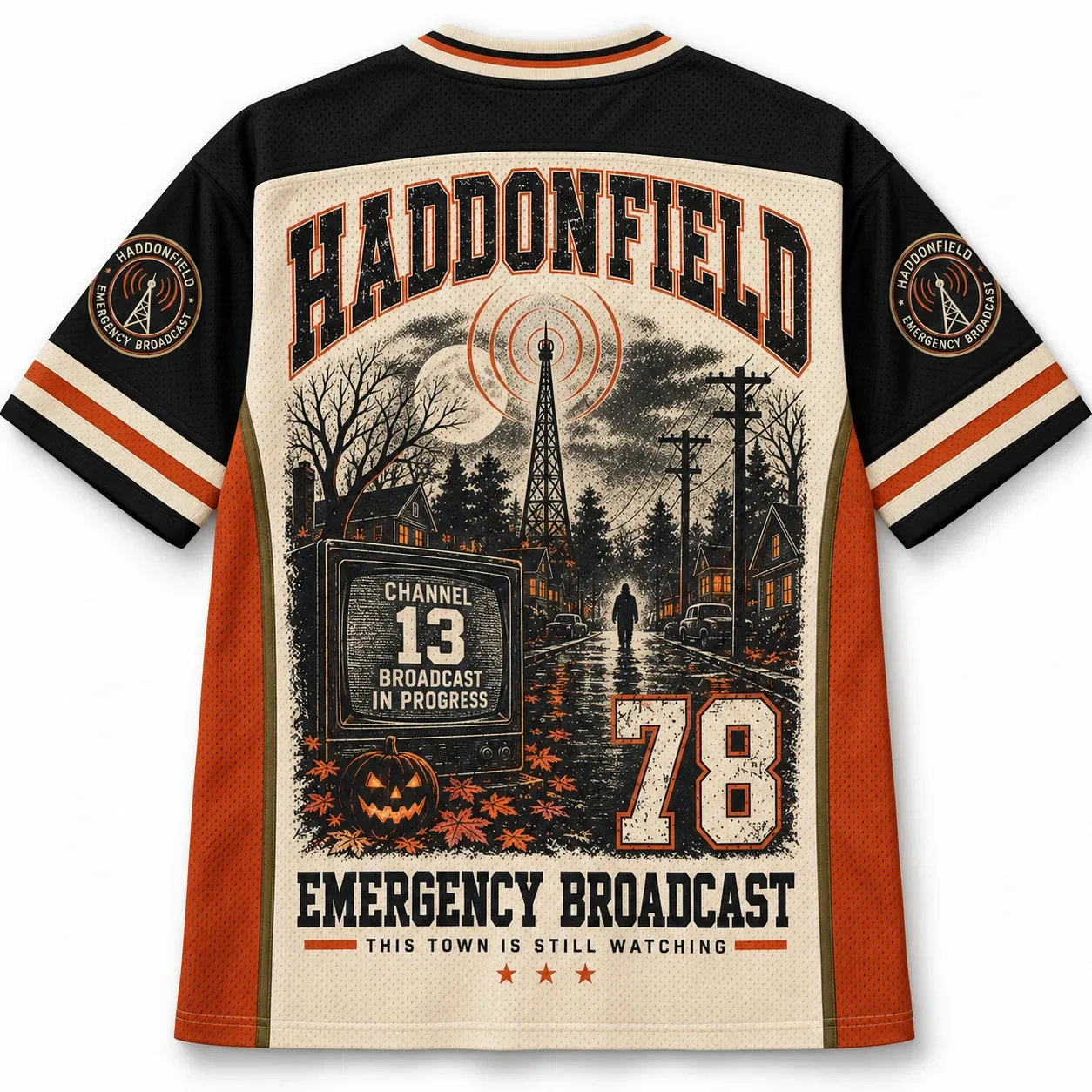 2026 Vintage Grunge Halloween Jersey, Jack-o'-lantern Spooky Town Scene 3D Print V-Neck Unisex Streetwear for Trick or Treat