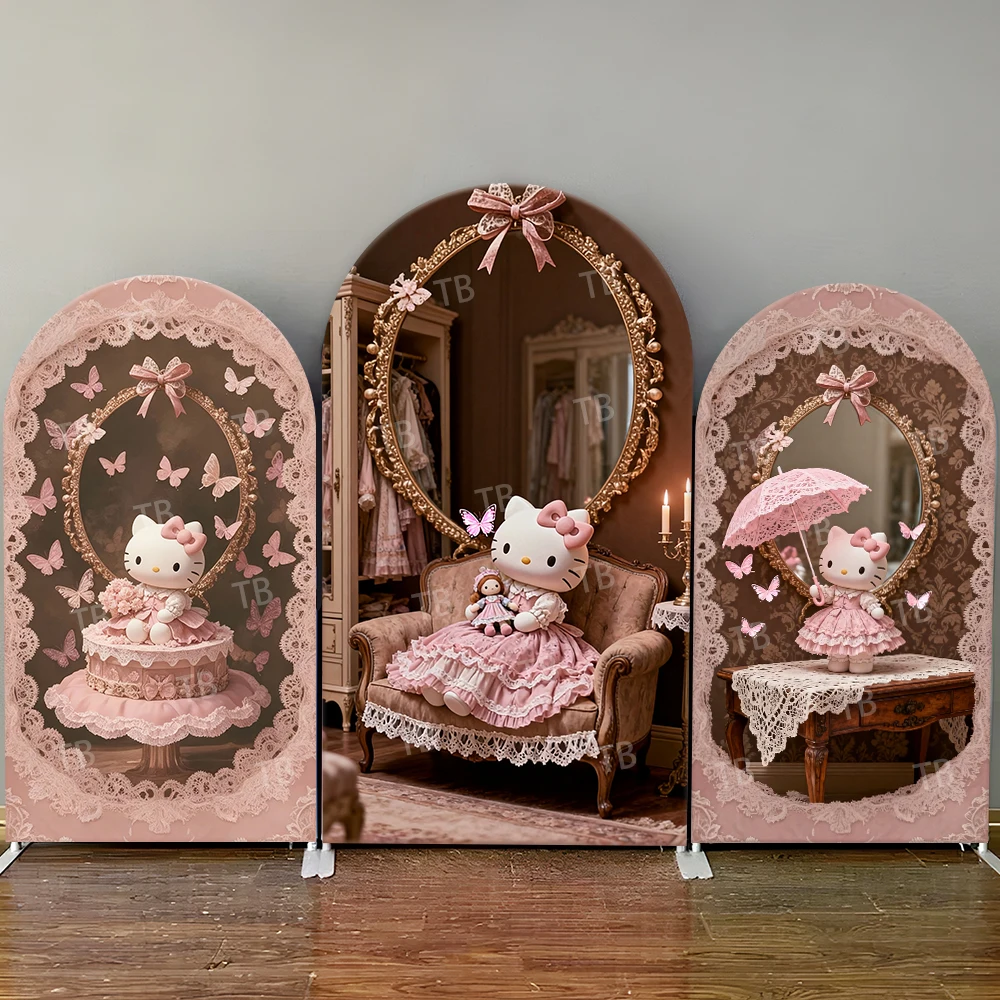 

Hello Kitty Arch Backdrop Cover Pink Lace Retro Room Butterfly Scene For Girls Birthday Party Elegant Cartoon Theme Photo Booth