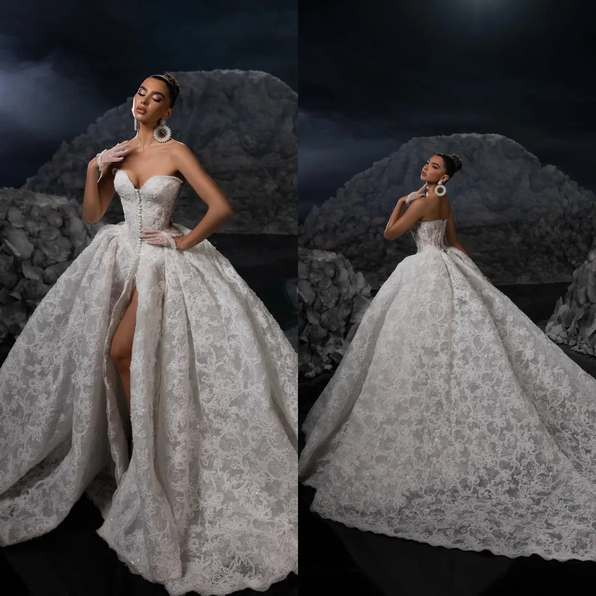 

Elegant Ball Gown Wedding Dresses Sweetheart High Split Appliques Lace Bridal Gowns Customized Lace-up Back Sweep Train Robes