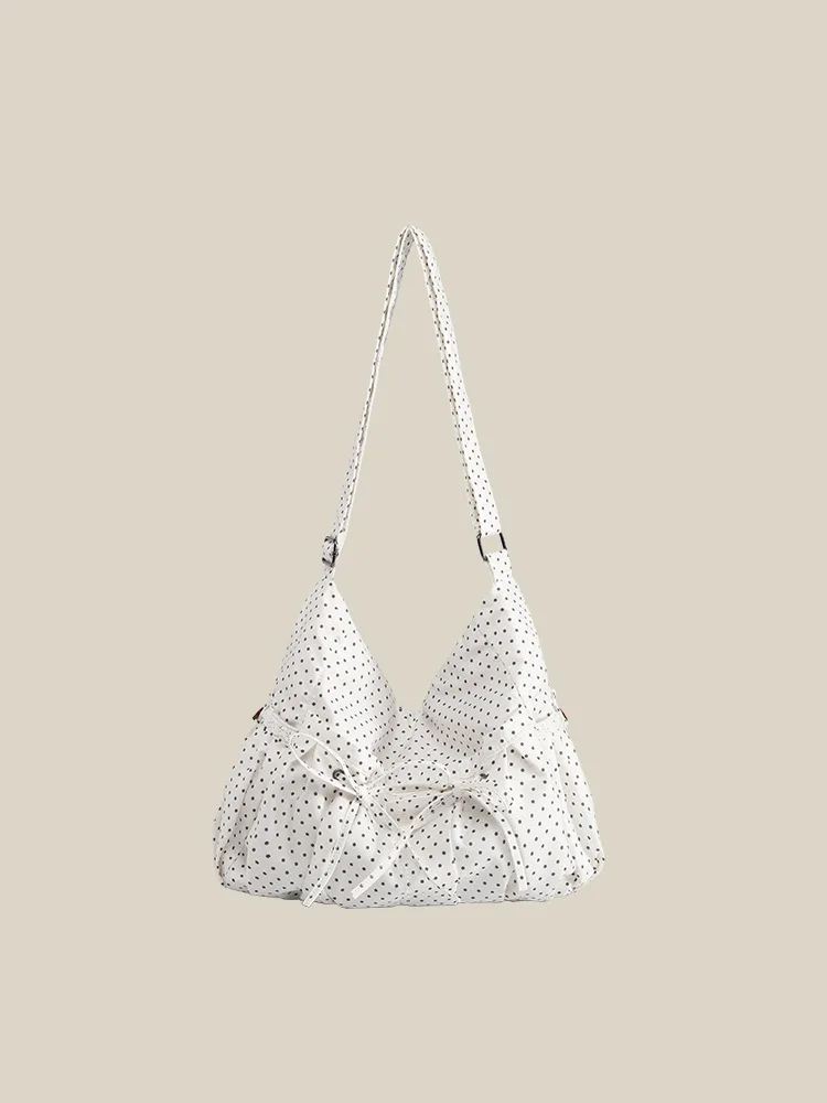 

YIFAN Korean-style Cotton Fabric Bag, Dot Canvas Bag with Bow, Versatile for Girls, Single Shoulder Tote Bag for Women