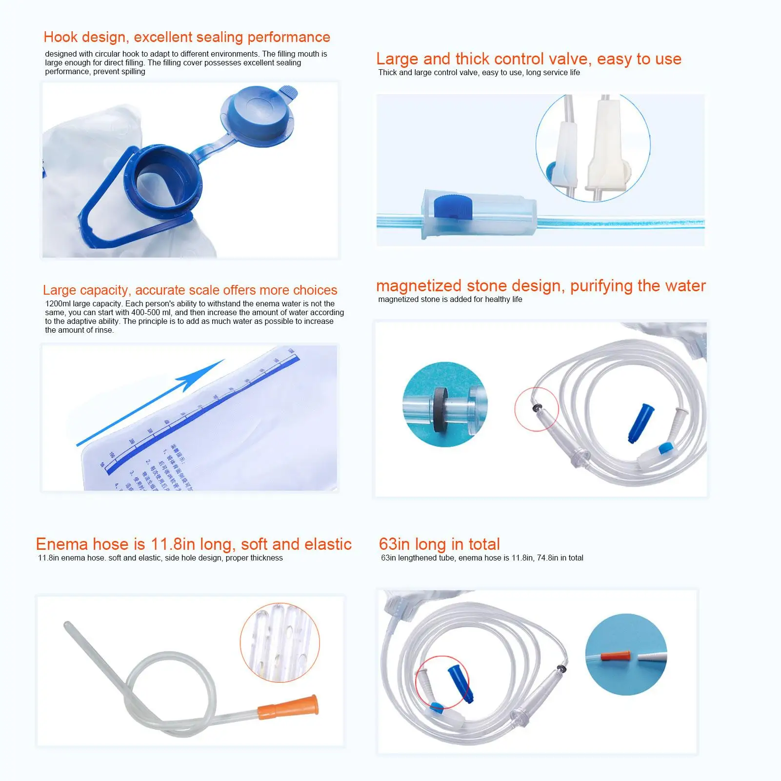 Durable PVC Enema Bag Kit with 74.8in Tube & Large Valve - 1200ml Portable Set for Home Use