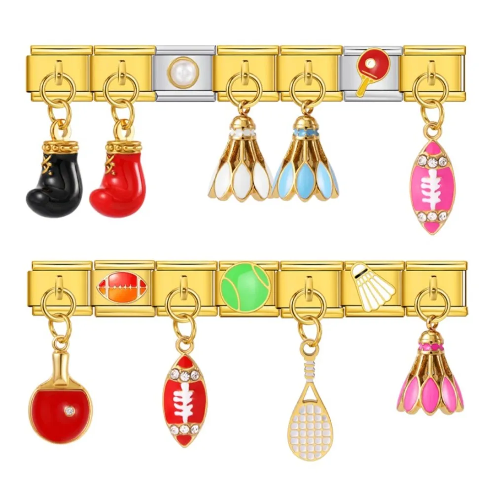 Sports Theme badminton Pendant Italian Charm Boxing Glove Ping Pong Rugby Tennis Beads 9MM Link Bracelet Stainless Steel Jewelry