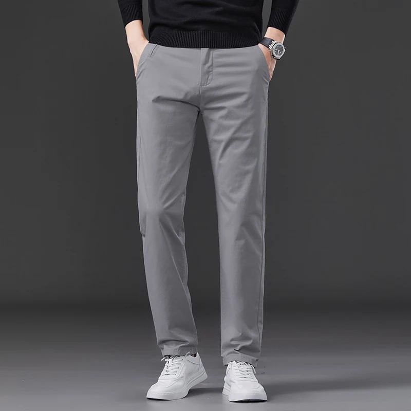 ผ้าฝ้ายยืดกางเกงผู้ชายตรงฤดูใบไม้ร่วงใหม่สีทึบคลาสสิกสบายๆแฟชั่น Slim เกาหลีกางเกงธุรกิจ