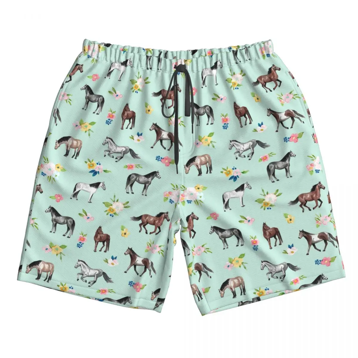 

Horses And Flowers, Mint Blue, Horse Art Trunks Beach Board Shorts Casual Quick Dry Swimming Summer Men Pants