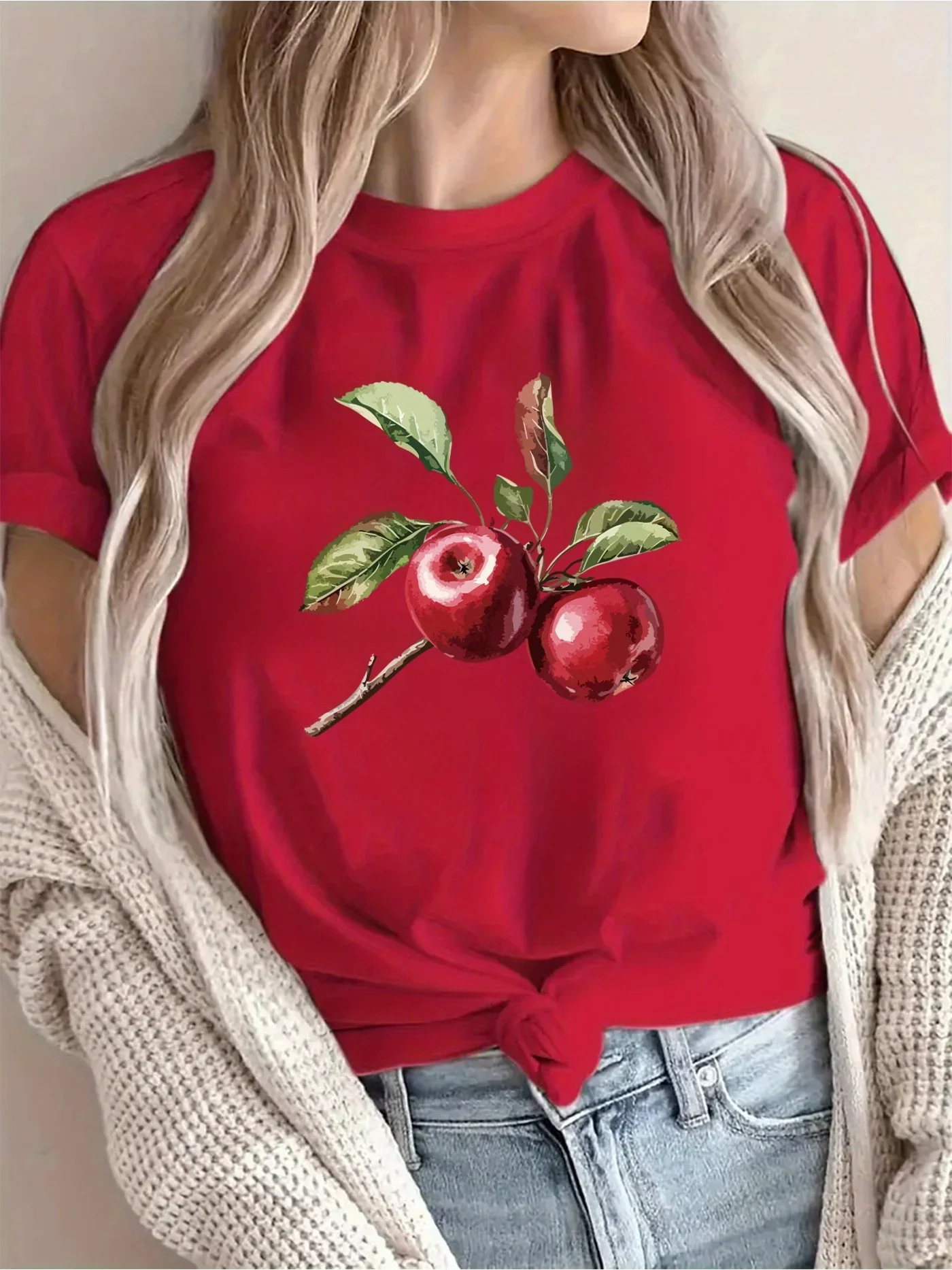 Camiseta con estampado de manzana rosa vivo para mujer pantalón corto informal de manga corta con cuello redondo ropa de