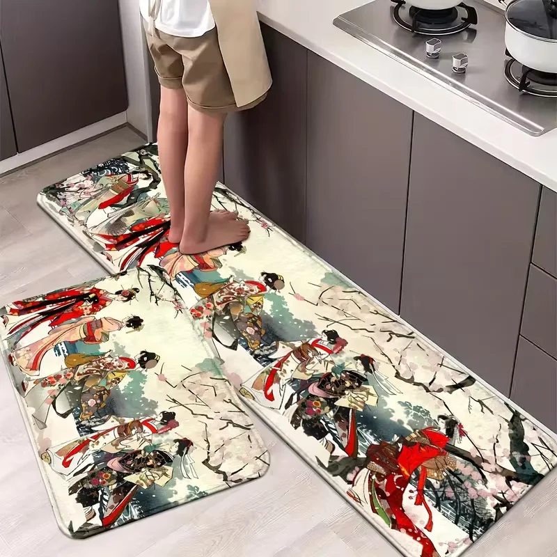 Japanese Ukiyo-e Geisha Kitchen Rug Non Slip Vintage Kimono Lady Floor Mat Washable Decorative Long Runner for Hallway Decor Rug
