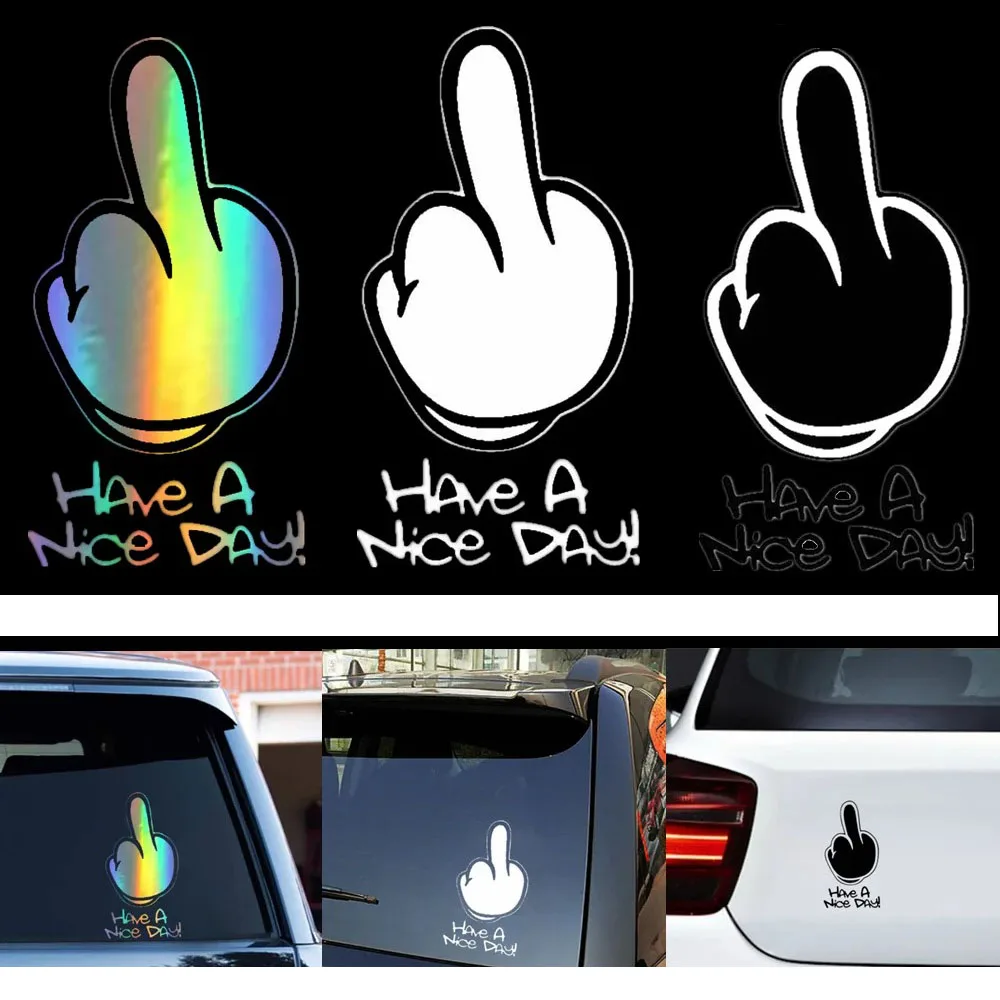 

2pcs Have A Nice Day Middle Finger Reflective Joking Sticker Car Rear Trunk Back Tailgate Funny Decals Universal