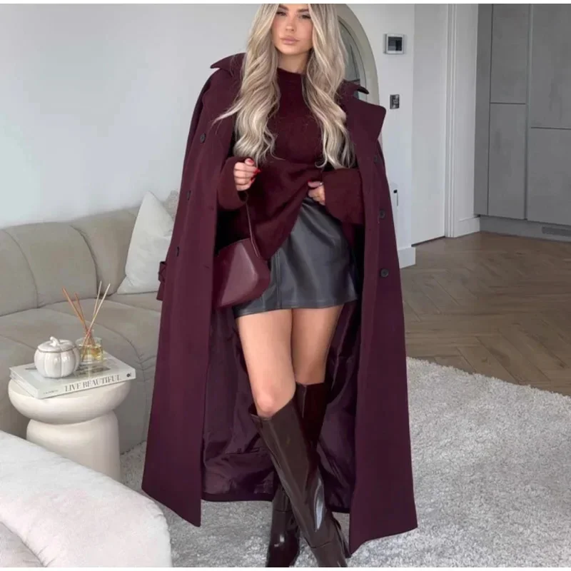 Elegant Burgundy Turndown Collar Single Breasted Coat Women Casual Long Sleeves Sweater Jacket New Fall Winter Lady Outerwear