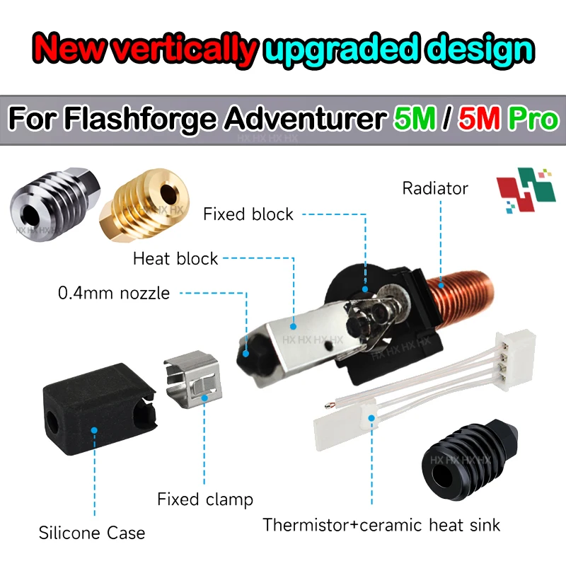Hotend For Flashforge Adventurer 5M/5M Pro مجموعة كتلة التسخين السيراميكية 280 ℃ رأس الطلاء الساخن AD5M أجزاء فوهة الصلب الصلب ثلاثية الأبعاد