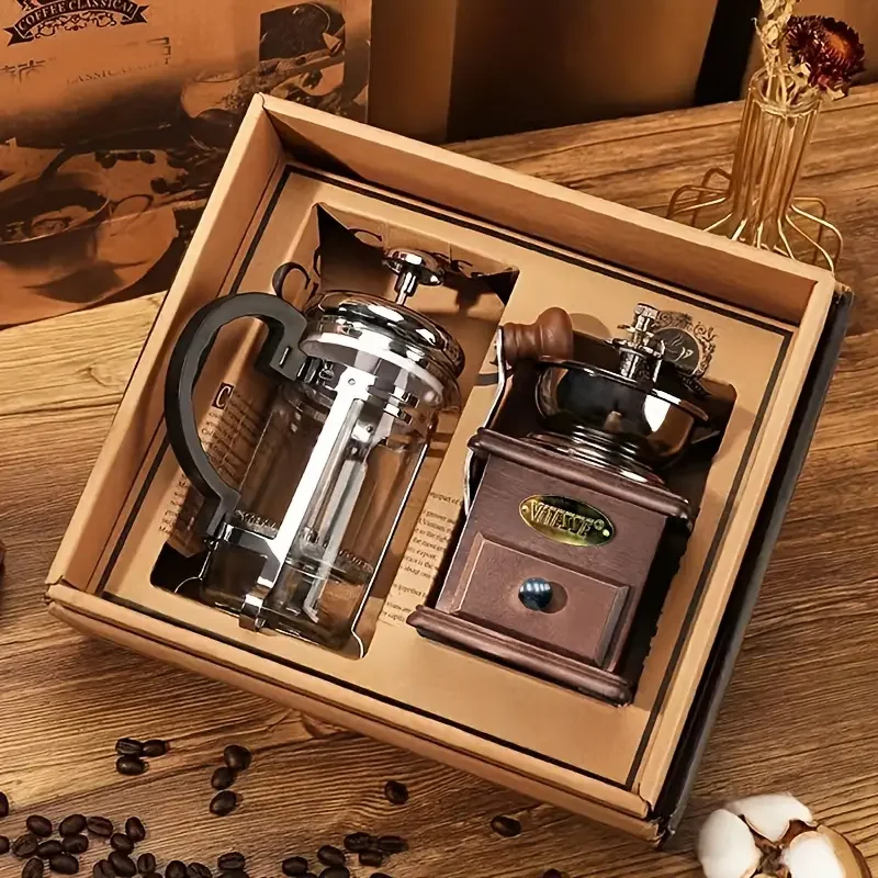 

1set Wooden Vintage Manual Bean Grinder Press Pot Set Coffee Home Handheld Coffee Bean Grinder Gift Box Set Of Boutique Kitchen