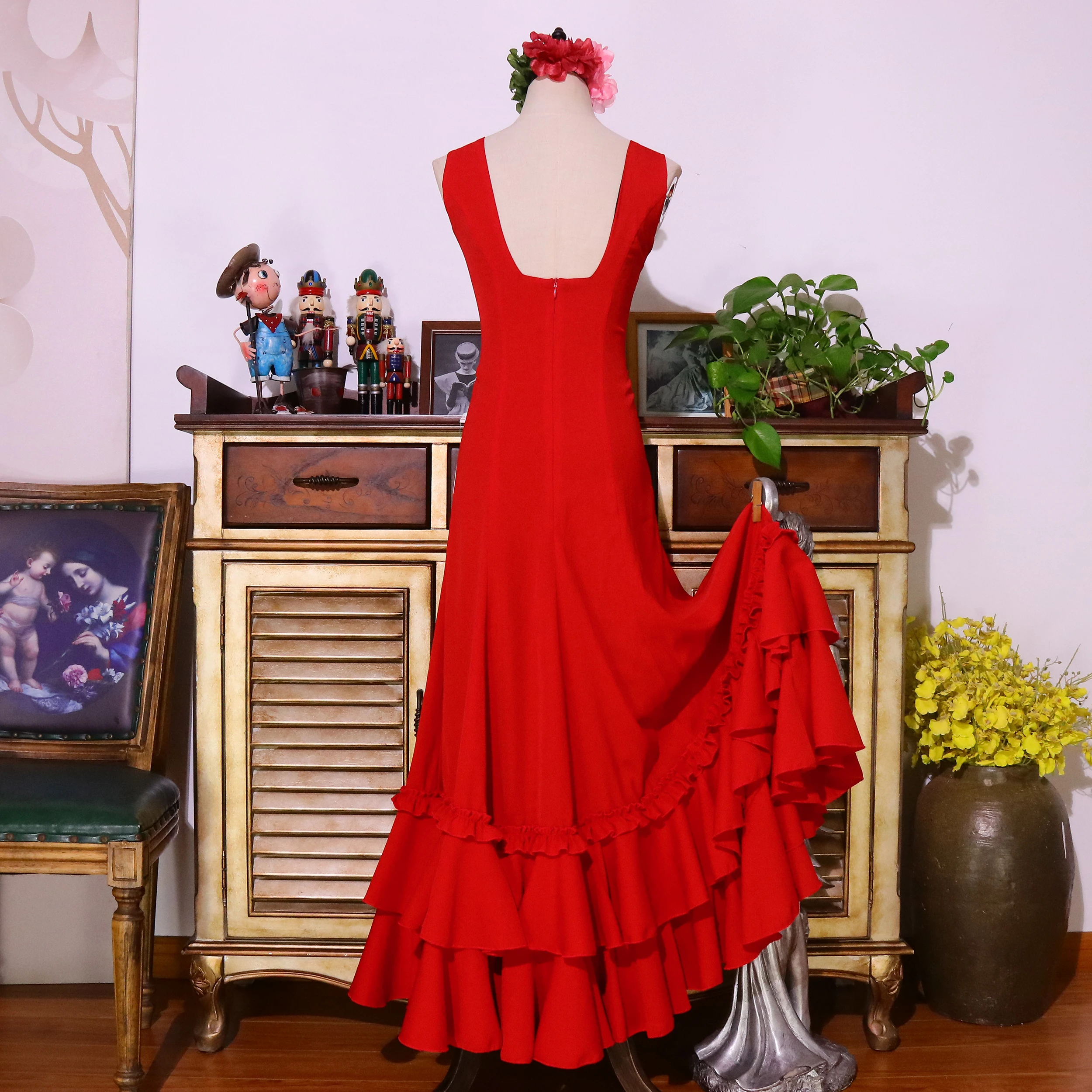 Sukienka do tańca flamenco hiszpańskiego o wysokiej elastyczności, nowoczesna sukienka z falbanami dla kobiet ENE04