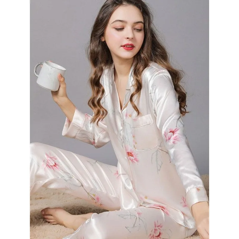 Women 2 Pieces Mulberry Silk Pajama Set Long Sleeve Top & Pants Ice Silk Loungewear Luxury Sleepwear Spring Autumn Casual Home C