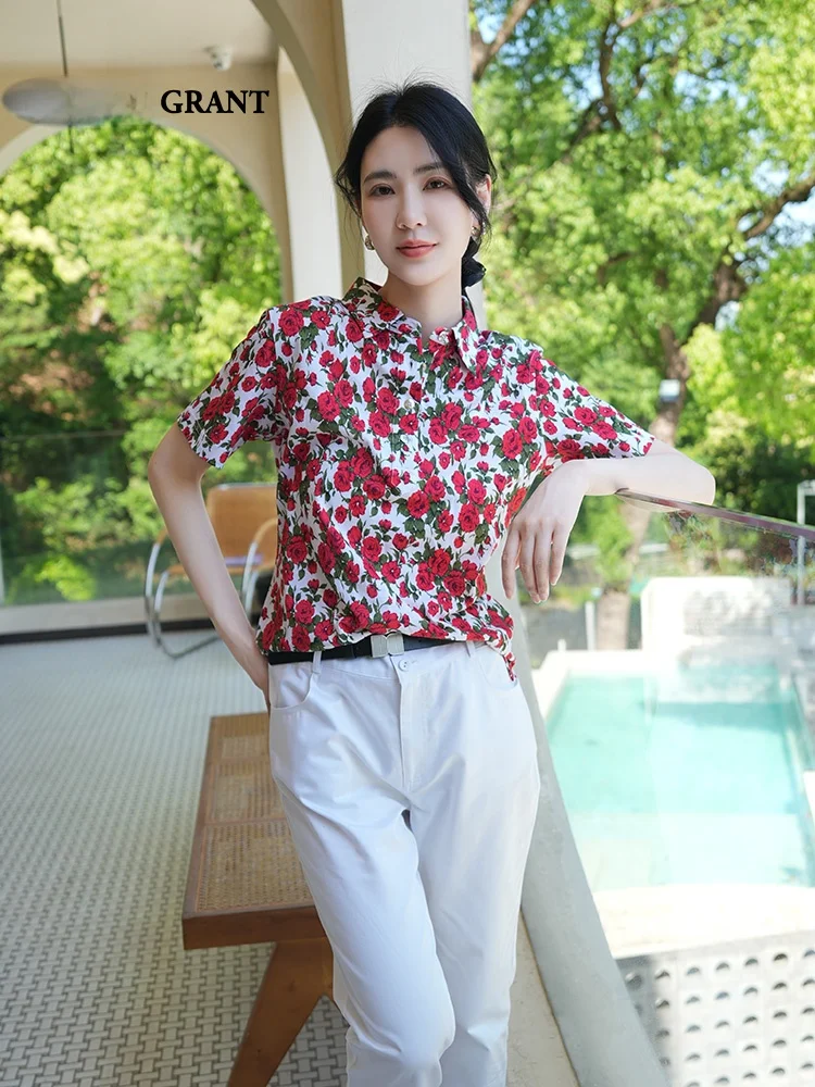 Camiseta Feminina Oliver Grant Royal Rose de Manga Curta, Estilo Francês, Corte Solto, Algodão, Verão, Respirável e Confortável