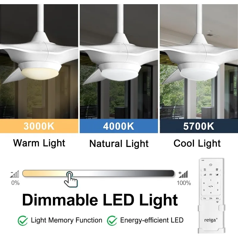 Reiga-Ventilador de teto branco inteligente, luz regulável, controle remoto, 3 lâminas, moderno, interior, exterior, 52 Polegada