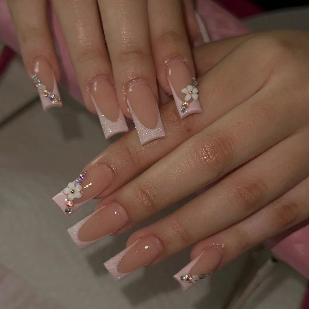 24Pcs Long Square Head Nails Set Press on White French 3D Bow Design False Nails Rhinestone Wearable Full Cover Fake Nails Tips