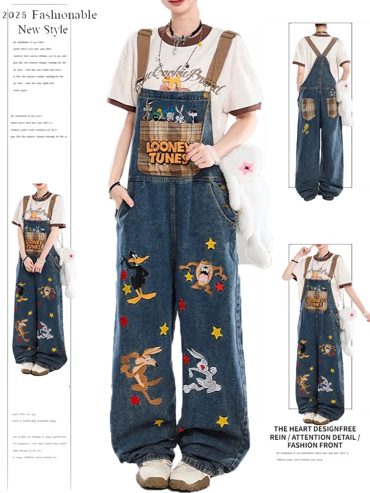 

Джинсовые комбинезоны с вышивкой в американском стиле, женские летние комбинезоны 2025, новые уникальные длинные брюки с широкими штанинами для ленивых, повседневные джинсы с высокой талией