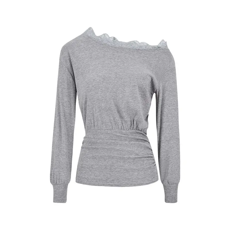 

Sexy Skew Collar Off Shoulder Lace Splicing Women's Autumn New Slim Waist Long Bat Sleeve Top