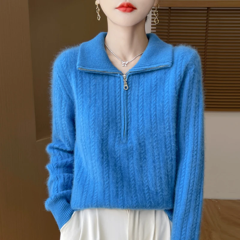 

Autumn New 100% Merino Wool Coat Women Stand Collar Knitted Pullover Fashion Twisted Long Sleeve Tops Female Warm Sweater