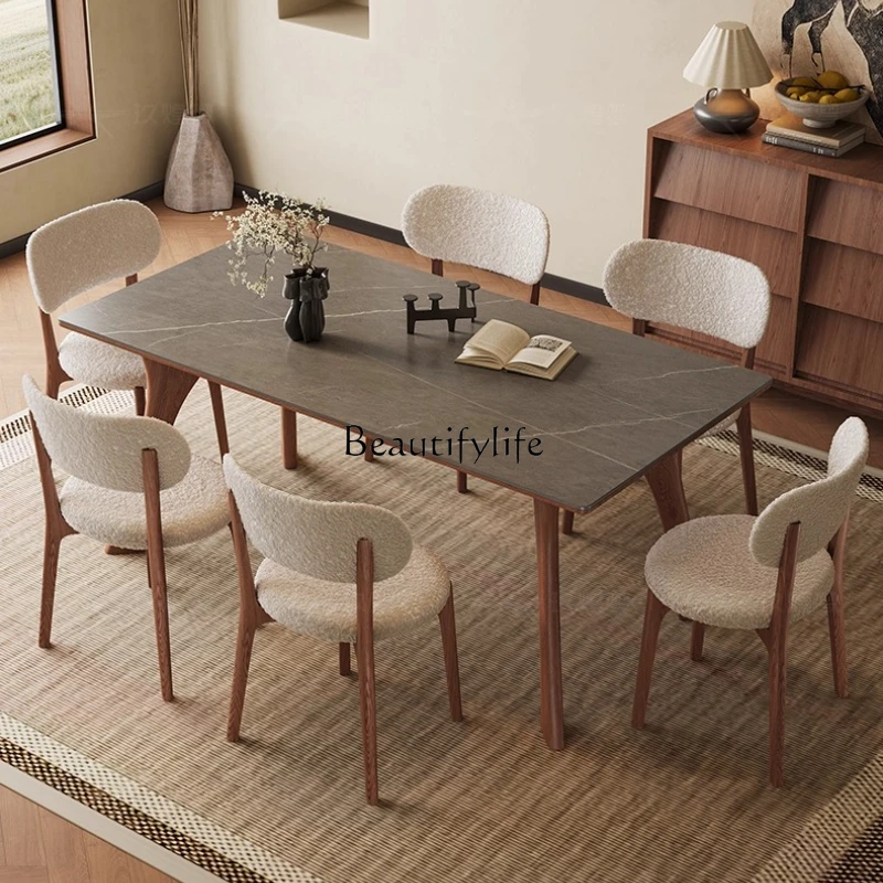 

Wabi-sabi Style Solid Wood and Stone Dining Table and Chair Set Ash Wood Rectangular Modern Minimalist Dining Table