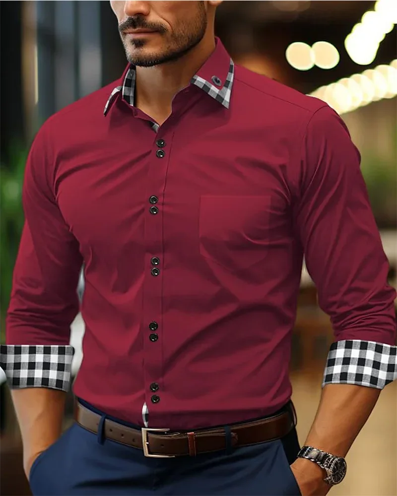 Men\'s long sleeved button up shirt plaid color blocking lapel patchwork clothing casual fashion men\'s summer new shirt S-6XL