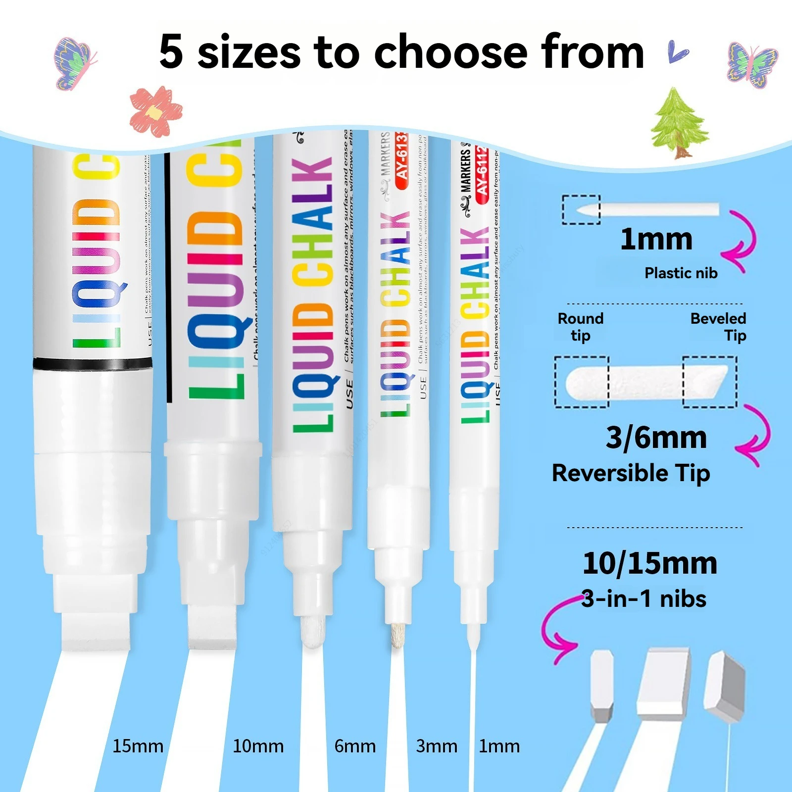 5pcs/set White Chalk Markers Liquid Chalkboard Markers, White Liquid Chalk Marker for Windows, Glass - 1, 3, 6, 10, 15mm Tips