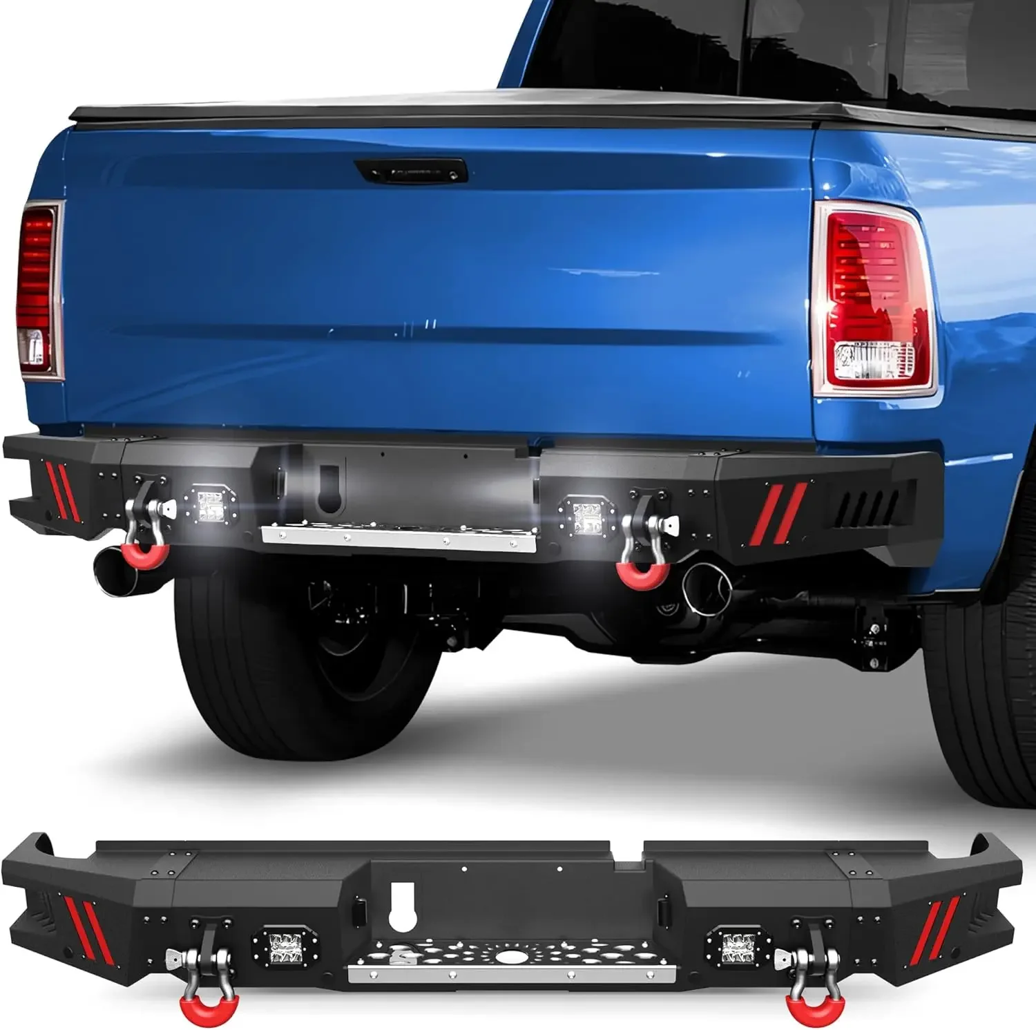

Rear Bumper For Ram 1500 2009-2018 & Ram 1500 2019-2025 Classic, Pickup Bumper With Step Plate, Lights, Sensor Holes And D-rings